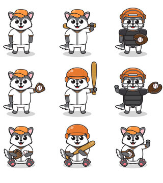 Vector Illustration of Cute Wolf with Baseball costume. Set of cute Wolf characters.