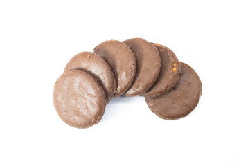 chocolate coating biscuits over on white background, selective focus