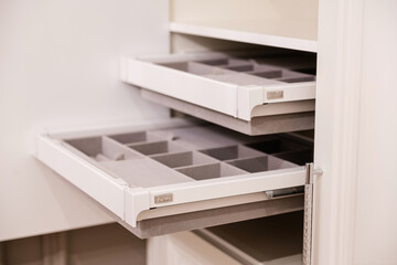 shelves made of natural wood and felt are extended and empty