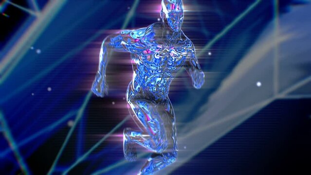 Retro Futuristic seamless background of a metal man running in a grid laser landscape