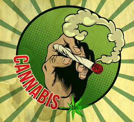 Arm holding joint witj cannabis. Vector design template vintage style on old yellow page. Smoking joint with marijuana in the arm - 500399056