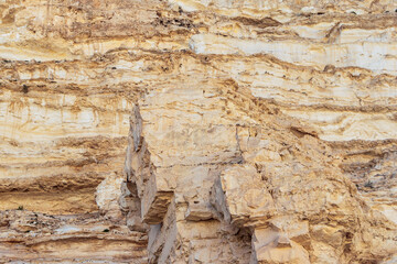Close-up fragment of a mountain in the Judean Desert in Israel. Layers of limestone rock are clearly visible.