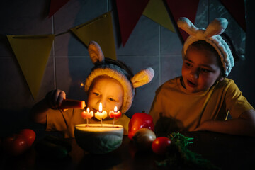 vegetarian cake with candles birthday vegetables kids in bunny ears
