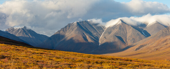Panorama of a mountain range in the Brooks Range in autumn, Alaska