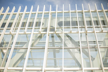 Architecture of bridge. Steel footbridge. Details of structure.