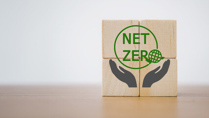 NET ZERO  with earth icon instead of O alphabet over hand for health world ,CSR, eco green...