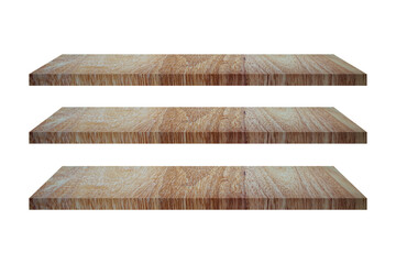 perspective of three brown wood shelves isolated on white background included clipping path for display, showing product, interior design