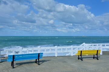Seascape and bautiful bench at Saint-Quay-Portrieux in Brittany-France