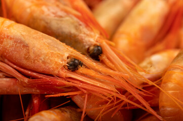 Atlantic shrimp cooked with allspice and bay leaf close-up, surface texture.
