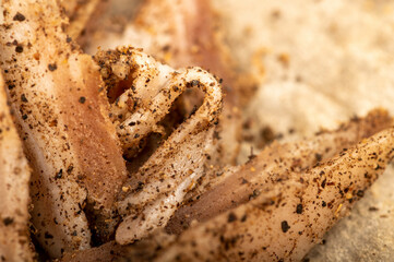 thinly sliced homemade lard with pepper on white oiled paper, close-up, selective focus.