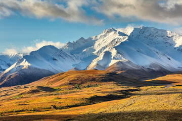 Herbst im Denali-Nationalpark Alaska  schneebedeckte Berge mit frisch gefallenem Schnee.