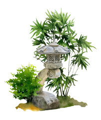 A Japanese landscape with a garden stone lantern among green bushes in a Japanese garden hand drawn in watercolor on a white background. Watercolor illustration.