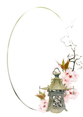 An oval frame decorated with a Japanese lantern, dry branch and sakura flowers hand drawn in watercolor isolated on a white background. Watercolor illustration.