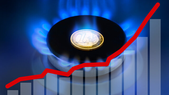 Graph of increase natural gas prices. Euro coin on thr burner