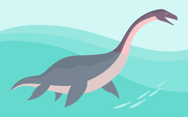 Prehistoric underwater dinosaur plesiosaurus with fins. Predatory sea pangolin. Long neck. Scary jaws with teeth. Wildlife of the Jurassic period. Vector illustration