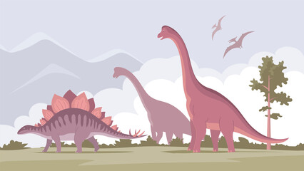 Big brachiosaurus with a long neck and stegosaurus. Herbivorous dinosaur of the Jurassic period. Vector cartoon illustration. Prehistoric pangolin on a nature background. Wild landscape - obrazy, fototapety, plakaty