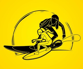 Surfer Action Surfing Sport Players Cartoon Graphic Vector