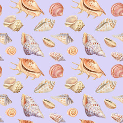 Seamless pattern with shells. Watercolor texture.