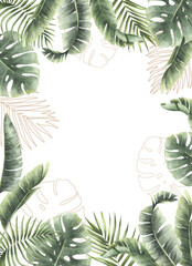 Watercolor palm leaf border isolated on a transparent background.