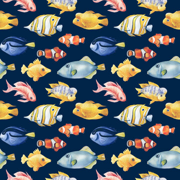 Watercolor illustration. Seamless pattern with fish. Nautical background for wallpaper, textile design, covers, paper