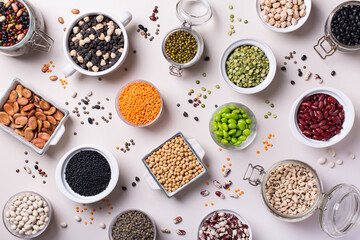 Variety of legumes, lentils, beans, plant based vegan protein source