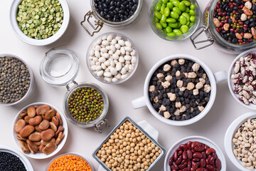 Variety of legumes, lentils, beans, plant based vegan protein source