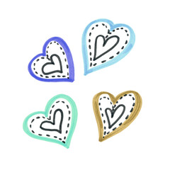 Set colorful hearts on white background. Felt pen Illustration. Blue, violet and brown hearts for wedding invitation or greeteng gard