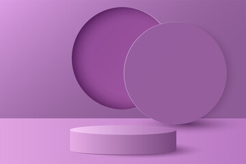 Paper cut of minimal scene with purple cylinder podium on purple background. Product presentation, mock up, show cosmetic. Vector illustration