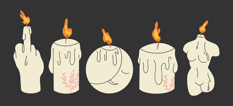 A set of modern burning candles of various shapes and colors. A female figure, a moon, a candle with a plant, a candle in the shape of a hand. Flat design, hand drawn cartoon, vector illustration.