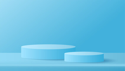 Paper cut of minimal scene with blue cylinder podium on blue background. Product presentation, mock up, show cosmetic. Vector illustration