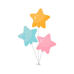 Bright and cute festive balloons in the shape of a star color pink, blue and yellow