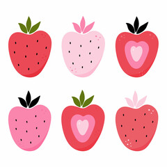 Set of red ripe berry and half strawberry isolated on white background. Sweet food collection