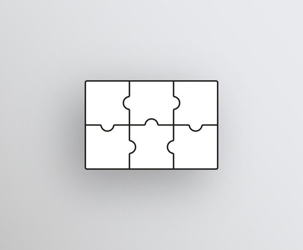Puzzle pieces. Jigsaw grid. Thinking mosaic game with 2x3 shapes. Simple textured background. Laser cut frame with 6 separate details. Bussines banner. Vector illustration.
