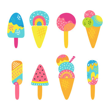 Summer bright set of various delicious ice cream including lolly ice, cones with different topping and fruit ice