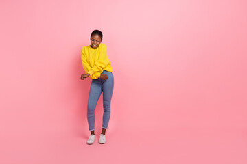 Full body photo of young lovely lady good mood dance hang-out club isolated over pink color background