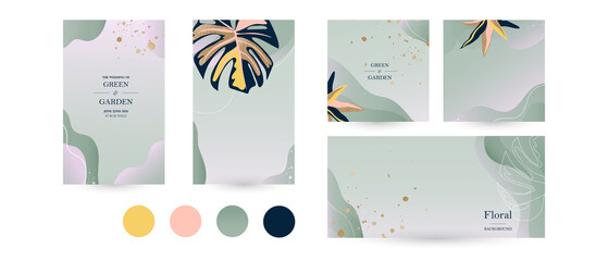 spring summer background template for Instagram social media post and Facebook cover. abstract green gold luxury layout for beauty, travel, spa, wedding. aesthetic vector hand drawn illustration