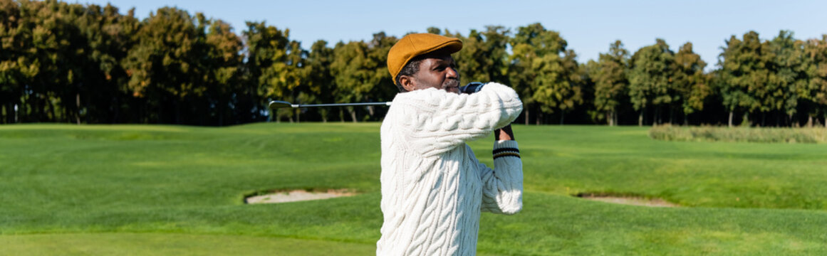 Middle Aged African American Man In Flat Cap Playing Golf, Banner.