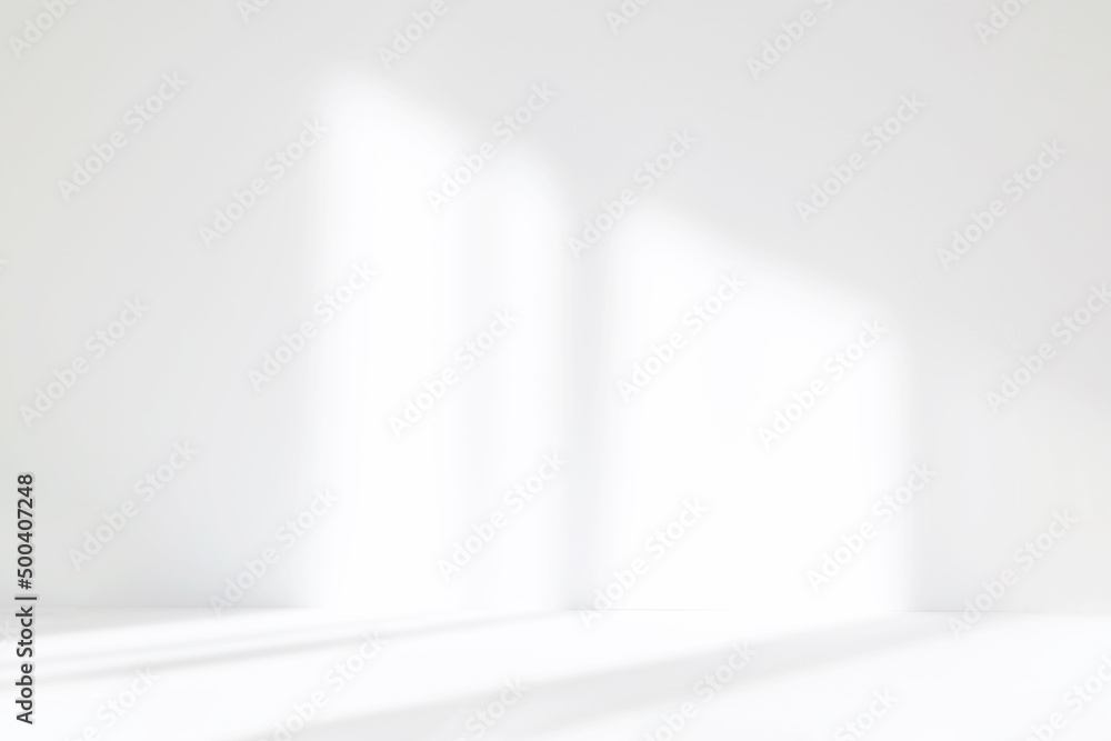 Poster Abstract white studio background for product presentation. Empty room with shadows of window. Display product with blurred backdrop.