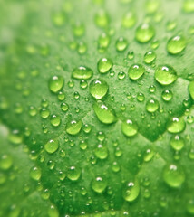 Drops of morning dew on a leaf in macro.