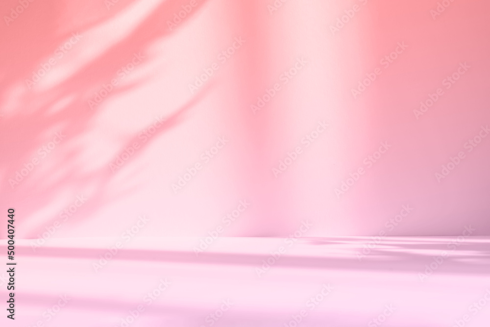 Poster Abstract pink studio background for product presentation. Empty room with shadows of window and flowers and palm leaves . 3d room with copy space. Summer concert. Blurred backdrop.