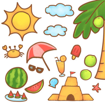 cartoon image, relaxing summer travel, illustration, cute, children's teaching materials, crayon