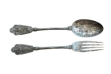 Vintage Museum Cutlery with Vintage Engraving on Isolated White Background