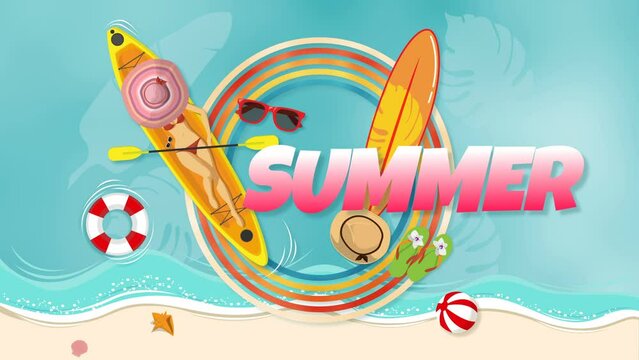 4K. summer cartoon animation background concept. relaxing sexy woman in bikini sunbathing on the boat over the ocean with ripple wave at tropical beach in summer season with colorful text summer