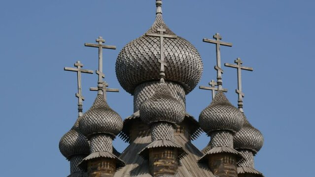 Beautiful church domes Vsekhsvyatsky Skete is a famous wooden monastery next to the Svyatogorsk Lavra. Beautiful wooden ancient architecture