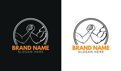 Arm wrestling logo with man and woman hand, Vector illustration