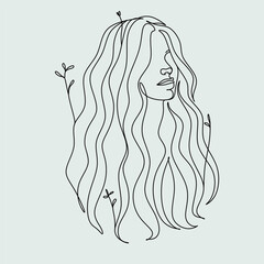 Women face with plants. Line art female with nature. Abstract face with butterfly by one line drawing. Portrait minimalistic style. Botanical print. Nature symbol of cosmetics. 