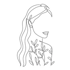Women face with plants. Line art female with nature. Abstract face with butterfly by one line drawing. Portrait minimalistic style. Botanical print. Nature symbol of cosmetics. 