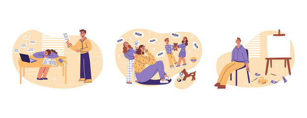 Burnout concepts. Tired, frustrated people. Exhausted office worker. Depressed mom, problems of motherhood. Artist without inpiration, creativity crisis. Flat vector illustration of fatigue at work