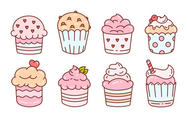 A set of doodles cakes with cream and berries, sweets. Doodle illustration isolated on white background.	
