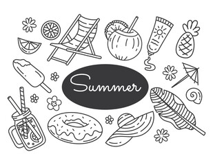 A set of summer doodle elements, a cartoon. Beach, vacation, summer time. The heat, the sea. Isolated on a white background.	